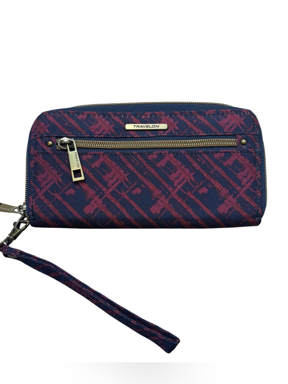 Travelon Burgundy Navy Splash RFID Blocking Zip‎ Around Clutch Wallet